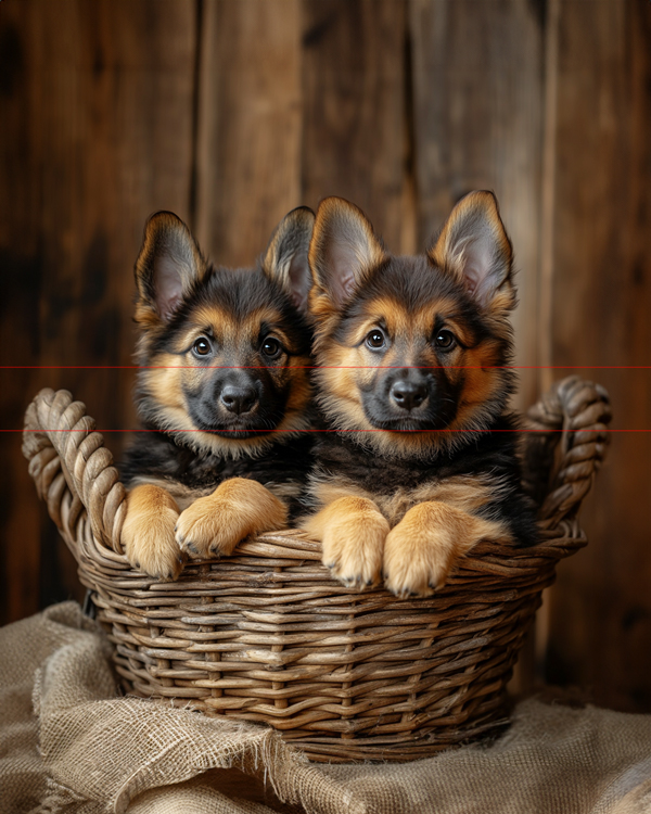 In this picture, two fluffy German Shepherd puppies sit side by side in a wicker basket. Their attentive eyes and perky ears add to their adorable expressions. The basket rests on a burlap cloth against a rustic wooden background, enhancing the cozy and warm atmosphere.