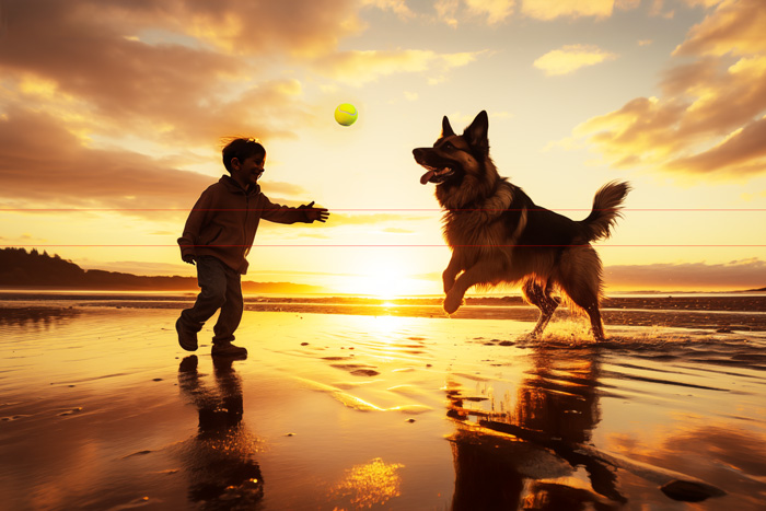 A young boy and a German Shepherd are playing fetch on a wet sandy beach at sunset. The child, in a silhouetted profile, reaches out as the dog leaps for a tennis ball mid-air. The sky is a warm mix of orange and yellow hues, reflecting off the sand and water reflecting the warm glow.