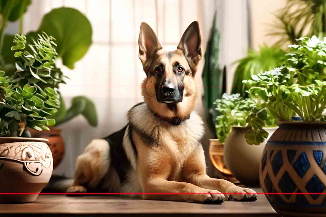 A picture captures a German Shepherd dog lying down indoors, surrounded by various potted green plants. The dog gazes intently at the camera. Natural light filters through the window, creating a cozy and serene environment.