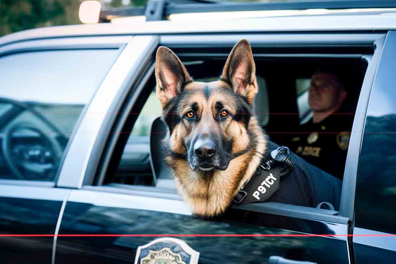 A German Shepherd police dog, wearing a black vest labeled POLICE K9, gazes out through a partially open window of a police SUV. The vehicle's badge is visible on the door, and a police officer is partially seen in the background on the driver's side. This picture captures their readiness and vigilance.