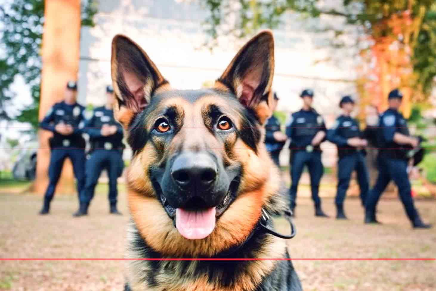 A close-up picture of a German Shepherd with its tongue out, standing on grass. In the background, a line of police officers in uniform slightly blurred. The scene takes place outdoors with trees and a building visible behind the officers.