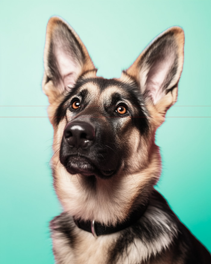 This portrait captures a German Shepherd with a black and tan coat with a 3/4 profile head shot against a soft green gradient background. The dog has large, upright ears and a lovely calm expression.
