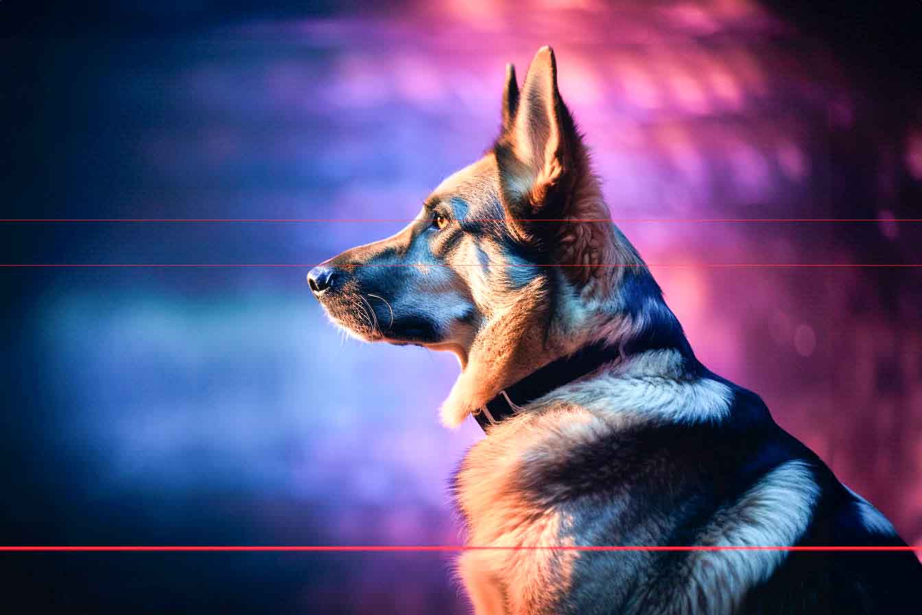 A German Shepherd sits in profile against a vibrant, blurred background of purples and blues. The dog's coat is highlighted by subtle lighting, accentuating its attentive gaze and erect ears. The picture evokes a serene atmosphere, with a hint of warmth from the soft illumination.