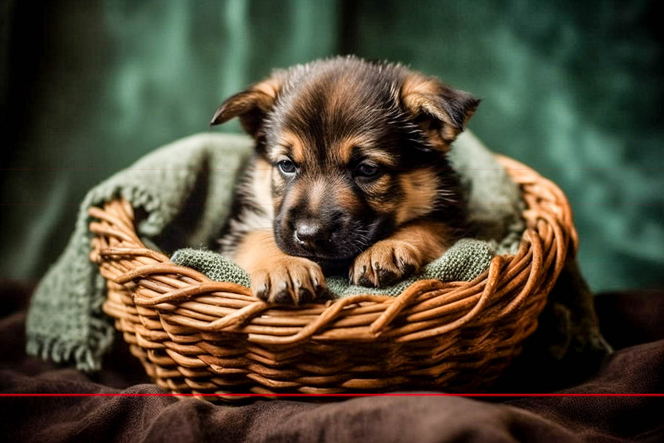 German Shepherd Dog Puppy In Basket