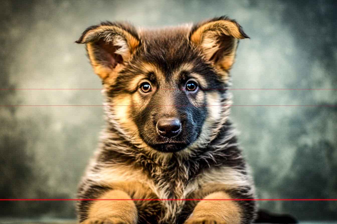A close-up picture of a fluffy German Shepherd puppy with perky ears looking directly at the camera. The puppy has black fur with tan markings on its face, paws, and chest. The background is a soft, blurred, greenish-gray color, making the puppy the focal point of the image.