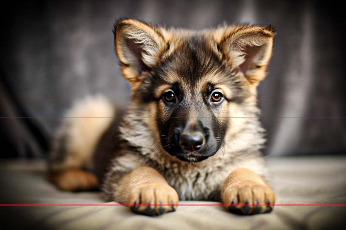 A fluffy German Shepherd puppy lies down, gazing directly at the camera. The picture captures the pup's large, pointed ears and soft, thick coat with tan and black markings. The background is blurred, bringing focus to the puppy's expressive eyes and curious expression.