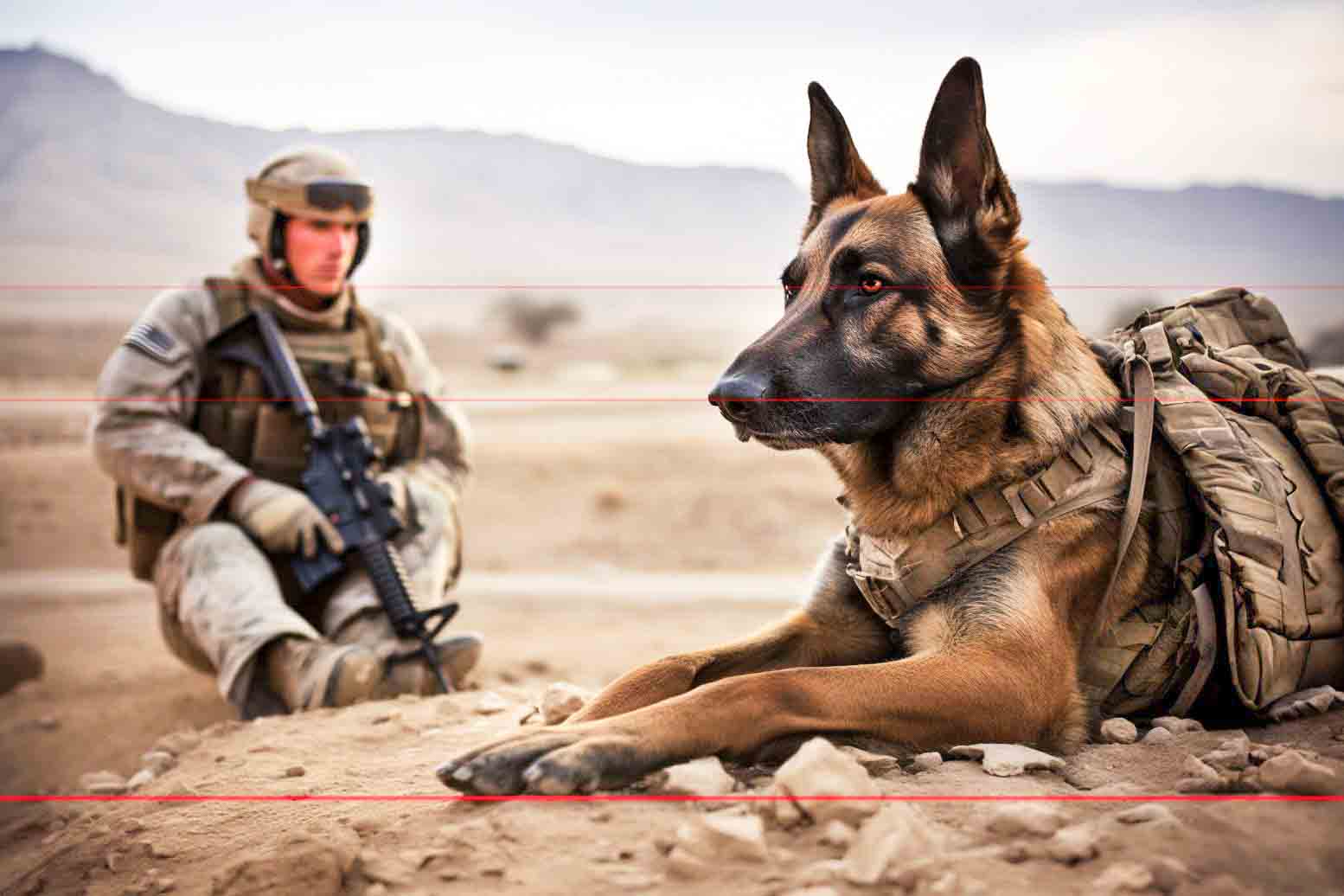 In this picture, a military working dog equipped with a tactical vest lies alert on sandy terrain. In the background, a soldier in camouflage gear and helmet, holding a rifle, sits on the ground. They are both in a desert landscape with mountains under a cloudy sky.