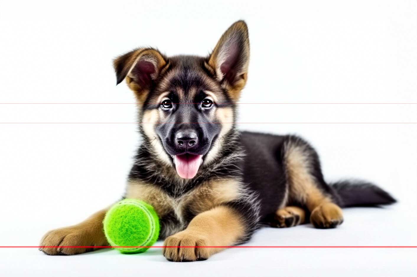 This picture captures a playful German Shepherd puppy laying on a white background with its front paws stretched out, its mouth open, and tongue sticking out. One of its ears flops down while the other stands upright. In front of the puppy rests a bright green tennis ball. The puppy looks cheerful and attentive.