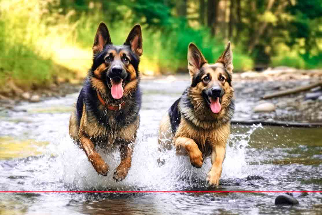 Two German Shepherd Dogs are joyfully running through a shallow stream in a forest. A picture of pure bliss, their mouths are open, and tongues are hanging out as they splash through the water. The background is lush with green foliage, and sunlight filters through the trees, casting a warm glow.
