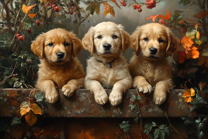 In this charming picture, three golden retriever puppies with soft, fluffy fur sit on a stone wall in an english garden in this vintage style painting image.