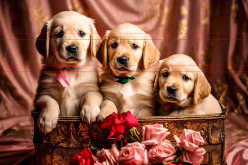 In this charming picture, three golden retriever puppies with soft, fluffy fur sit in a decorative brown basket. In front of the basket is a bouquet of pink roses, and the background features a silky pink fabric with golden patterns.