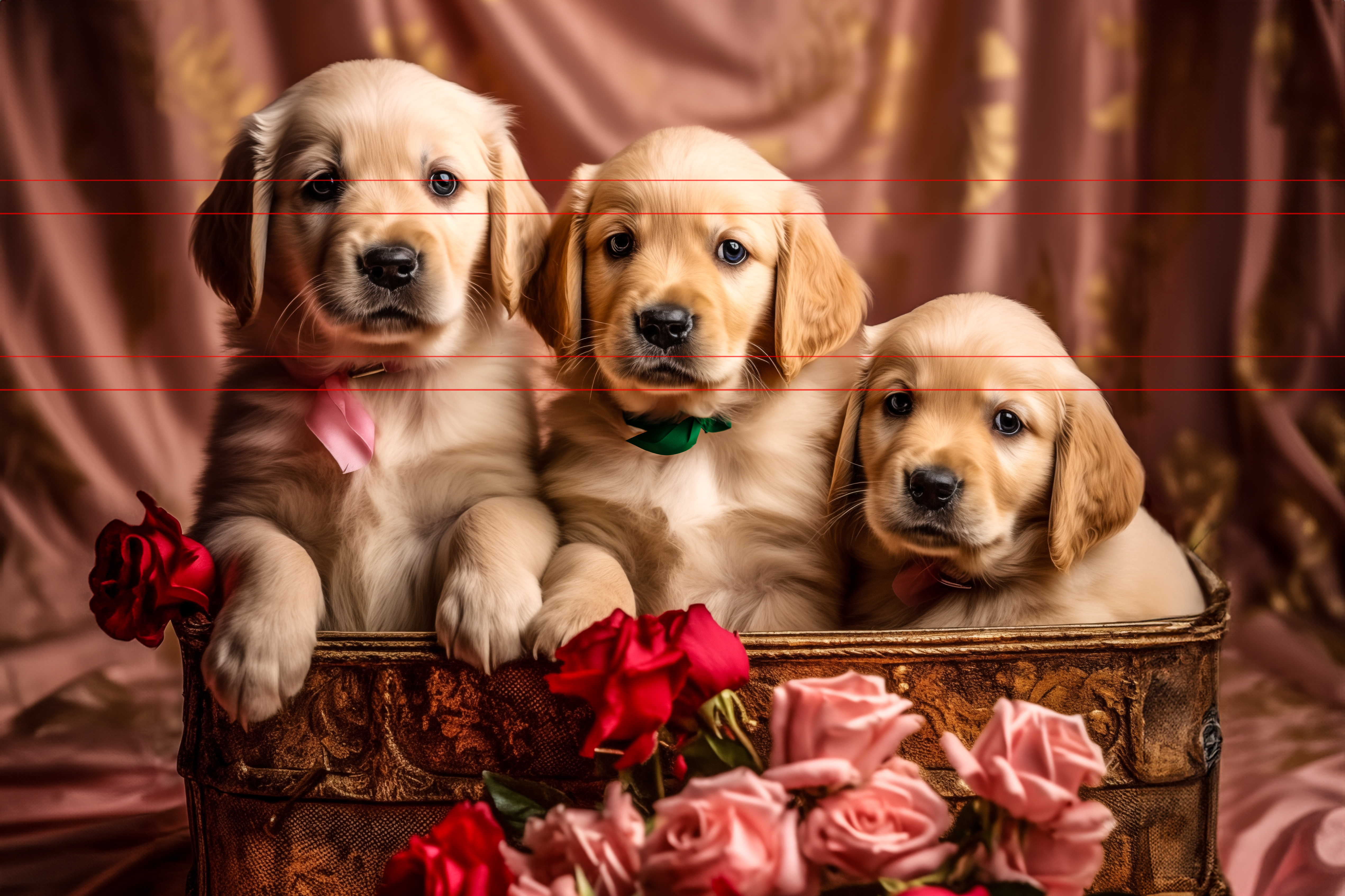 3 Golden Retriever Puppies with Roses