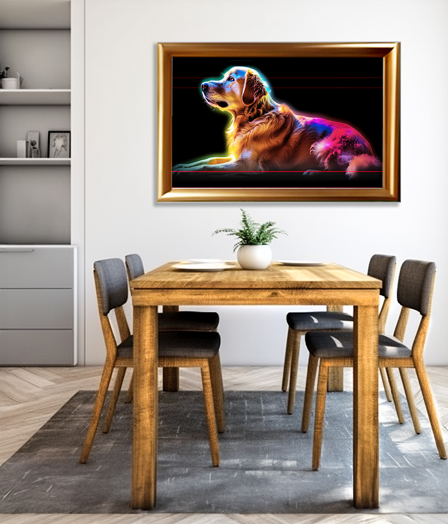 
A modern dining room features a wooden table with four gray chairs on a gray rug. On the wall above the table is a framed, colorful portrait of a Golden Retriever with neon lighting effects forming an aura around the stately posed dog on a stark black background.