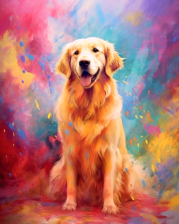 A large golden retriever with a happy expression sits facing forward in a colorful pastel swirl of color also splattering on the dogs fur. The image appears that the dog is engulfed by the paint of the painting.