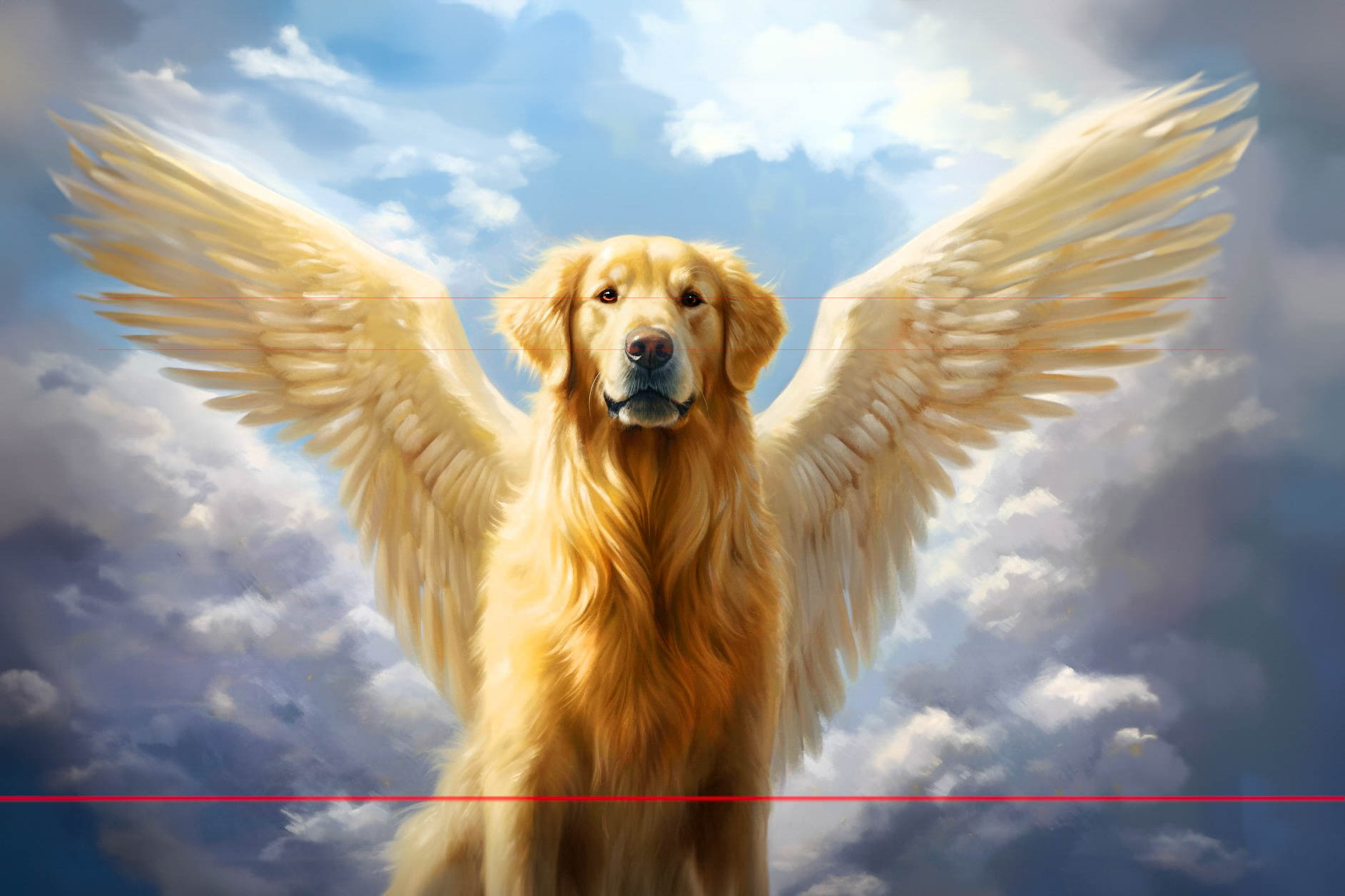 A picture of a golden retriever with large, feathered angel wings stands against a backdrop of a bright, cloudy sky. The wings are spread wide, giving a majestic and ethereal appearance. The dog gazes forward with a serene and noble expression, imparting a sense of peace and divinity.