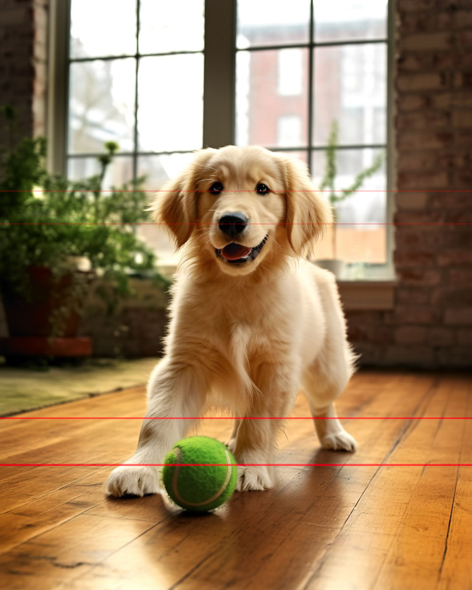 A Golden Retriever puppy stands on a wooden floor with a green tennis ball in front of it. The puppy is looking at the viewer with a happy inviting expression, making for an adorable picture. Behind the pup, light streams in through a large window, illuminating several potted plants in the background.