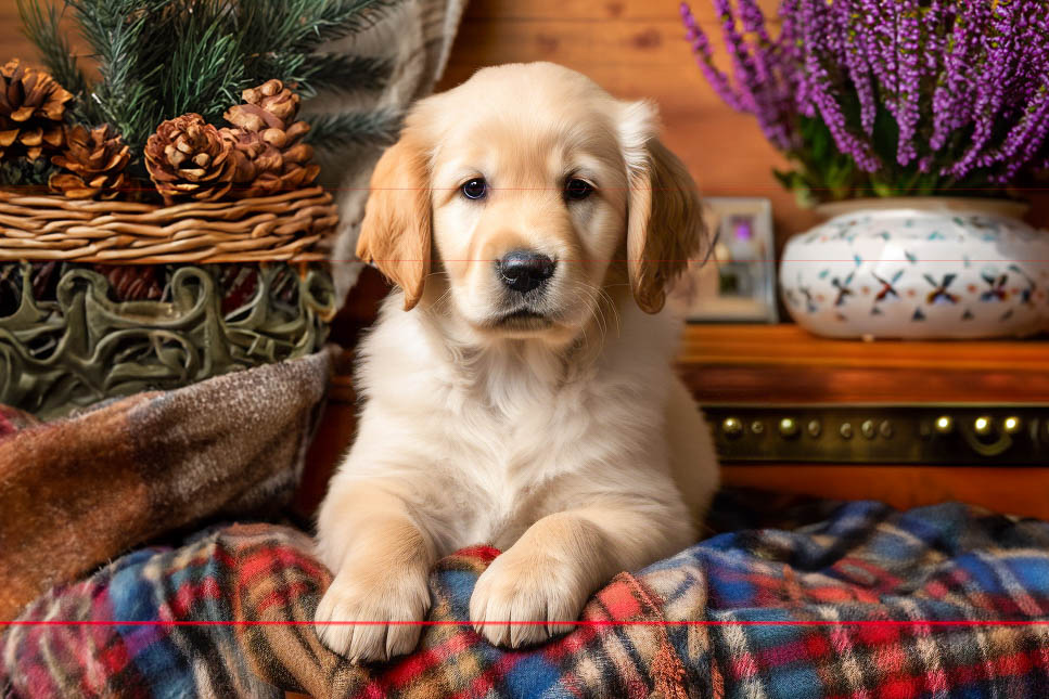 A golden retriever puppy with soft, fluffy fur lies on a colorful Scottish plaid blanket. Behind the puppy, there's a rustic wooden backdrop adorned with a basket of pinecones, evergreen branches, and a pot of purple heather flowers.
