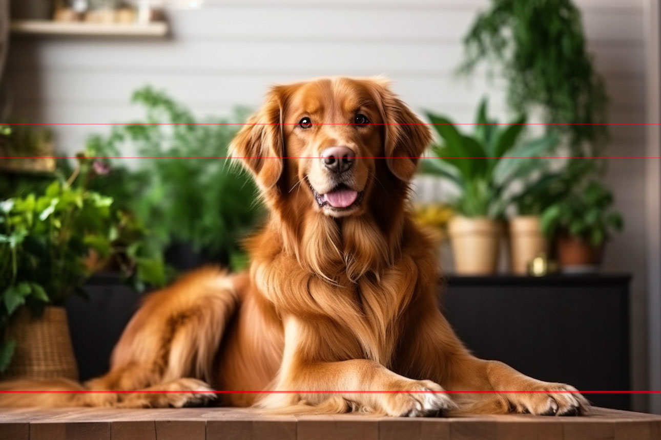 A picture captures a golden retriever lying comfortably on a wooden table. The background includes potted plants, lush greenery, and a shelf with small decorative items, creating a cozy atmosphere of home.