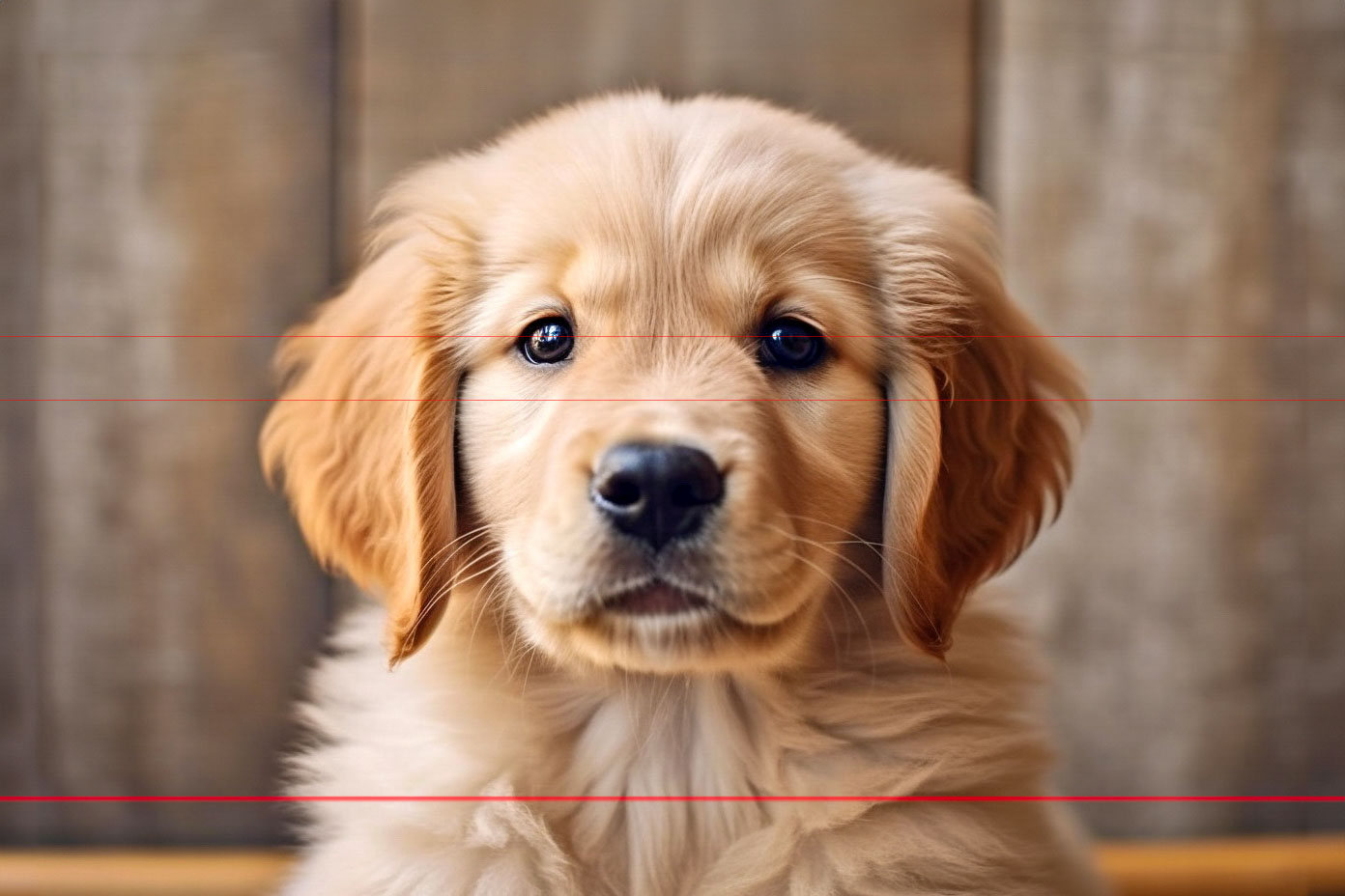 A close-up picture of a fluffy, golden retriever puppy against a wooden background. The puppy's wide, curious eyes and slightly parted mouth give it an adorable and inquisitive expression. Soft, light golden fur and floppy ears frame its face.