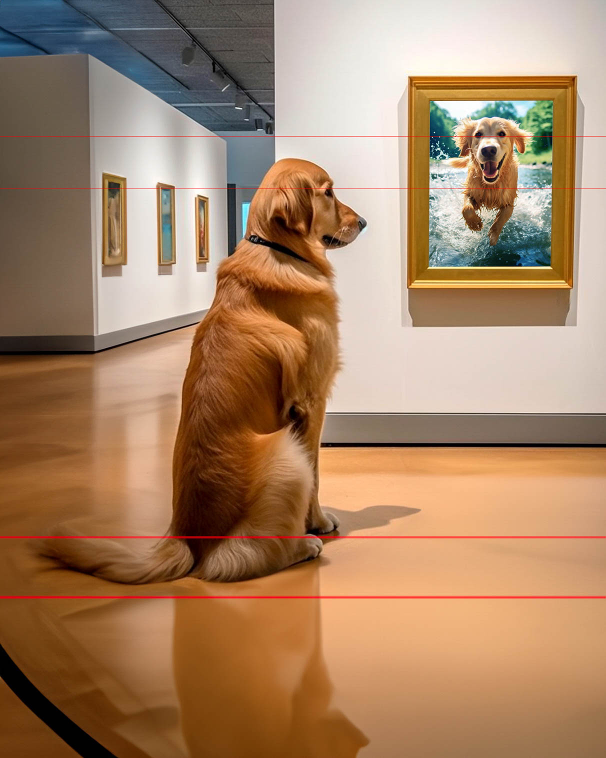A Golden Retriever sits attentively in an art gallery, gazing at a framed picture of another Golden Retriever joyfully running through water. The gallery features other artworks and has a polished floor that reflects the dog's image.