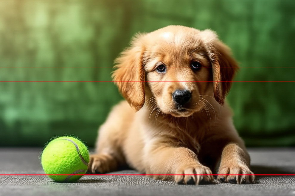 A small golden retriever puppy is guarding its treasured bright green tennis ball. It lays sidieways on the floor with an adorable expression that reads, That's my ball!