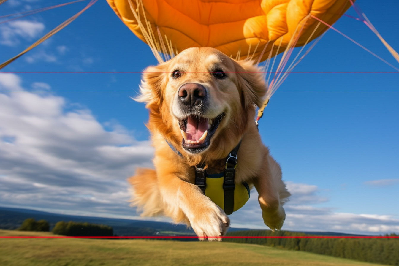 A picture of a joyful golden retriever paragliding, wearing a yellow harness, flies towards the viewer with a wide open mouth and happy eyes. a scenic landscape with blue skies and green fields stretches behind.