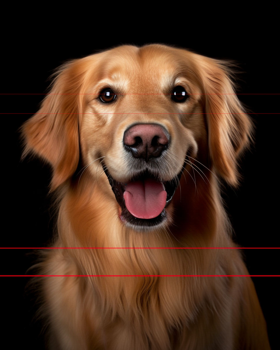 Close-up picture of a Golden Retriever dog against a black background. The dog has a golden coat, floppy ears, and bright eyes. Its mouth is open with its pink tongue out, giving a friendly and happy expression. The lighting highlights the dog's face and fur perfectly.