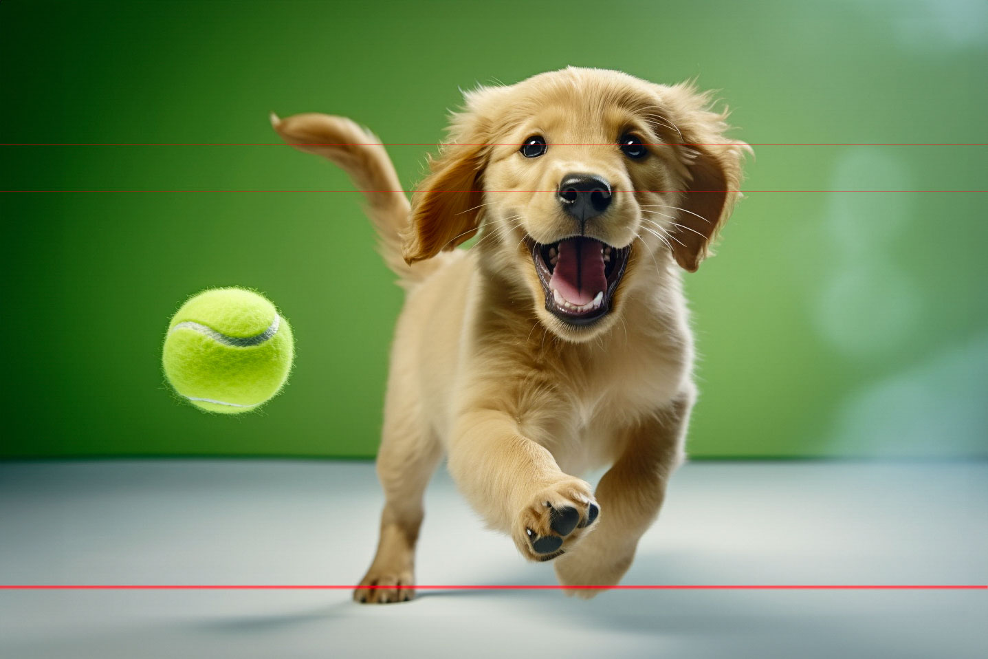 A playful golden retriever puppy joyfully bounds towards the viewer of the picture, mouth open and ears flapping, against a green gradient background. The puppy’s eyes are wide with excitement as it chases a green tennis ball in mid-air. The scene conveys energy and happiness.