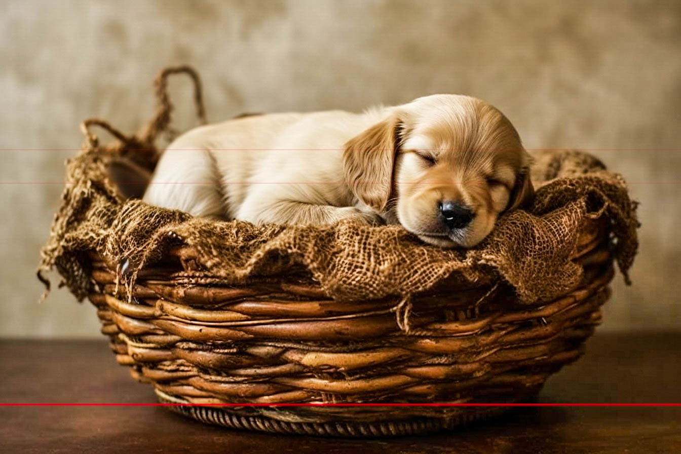 A golden retriever puppy is peacefully sleeping on a rustic, brown wicker basket lined with burlap. The picture captures the basket positioned on a dark wooden surface, with a blurred, earthy-toned background, giving the image a cozy, warm atmosphere. The puppy's eyes are closed and its head rests on the edge of the basket.