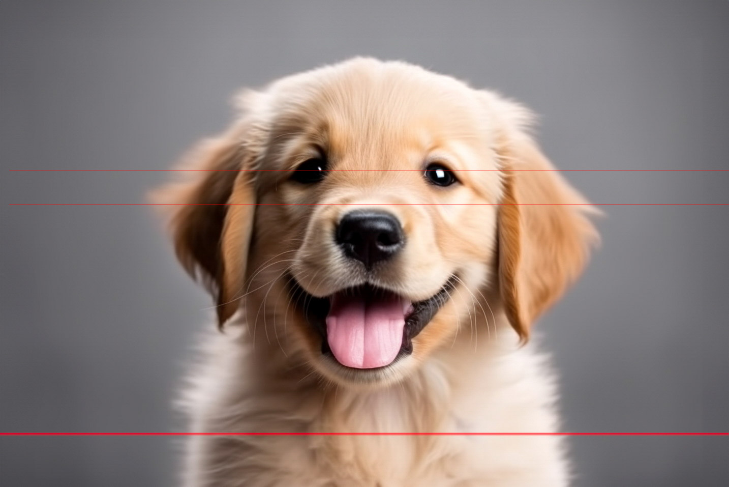 A close-up picture of a golden retriever puppy sitting against a gray background. The puppy has a happy expression with its tongue sticking out and ears perked up. Its fur is soft and fluffy, and its bright eyes convey an endearing and playful demeanor.