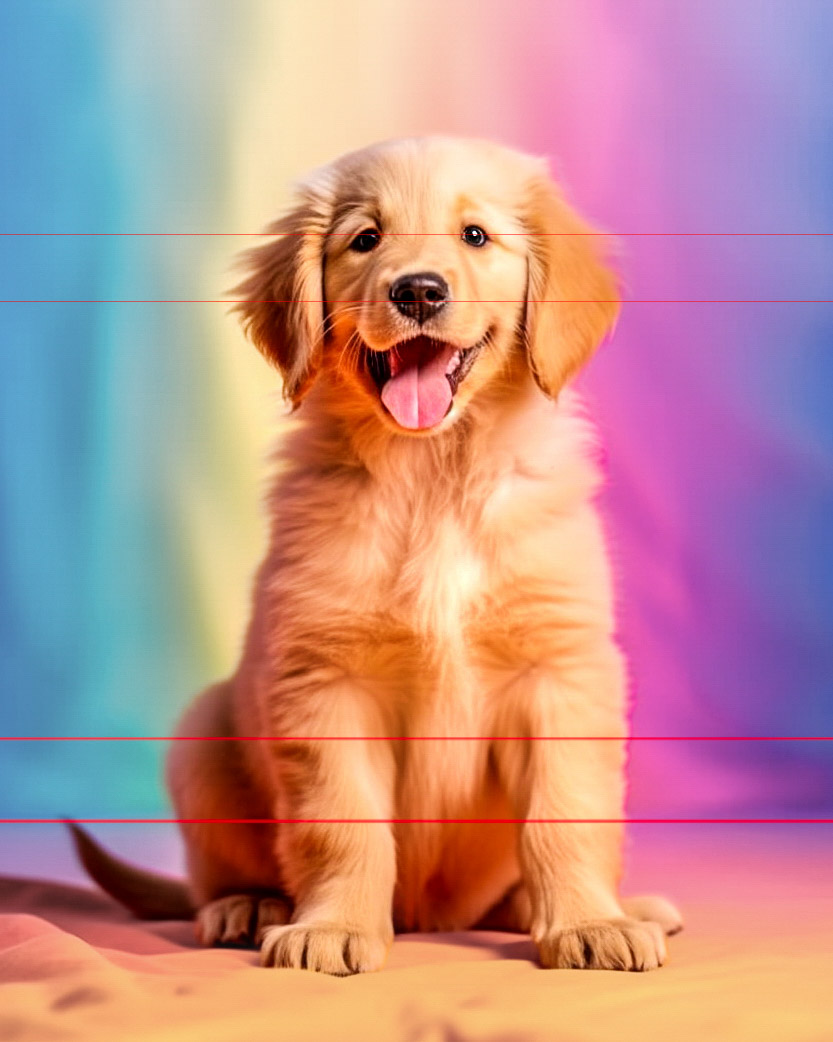 A large golden retriever puppy with a happy expression sits facing forward in what appears to be a sandy beach. The picture has a colorful, pastel gradient background and the puppy's fur is light golden and fluffy.