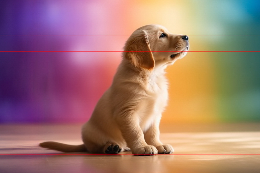 A small golden retriever puppy sits on a polished floor, with a sideways view gazing upwards in this charming picture. The background features a vibrant gradient of rainbow colors. The puppy's fur is soft and fluffy, and it has a calm, inquisitive expression.