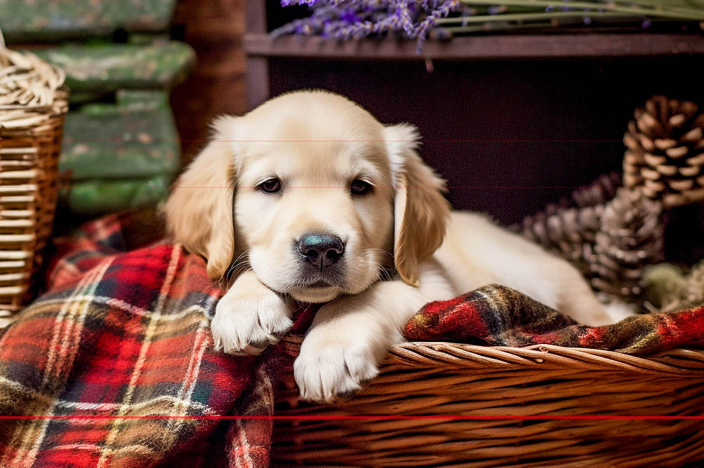 A small, golden retriever puppy lies in a wicker basket on a red and green Scottish plaid blanket. The puppy looks directly at the viewer with its paws draped over the edge of the basket, creating a perfect picture. Behind the puppy are pinecones and lavender sprigs, adding to the cozy and warm ambiance.