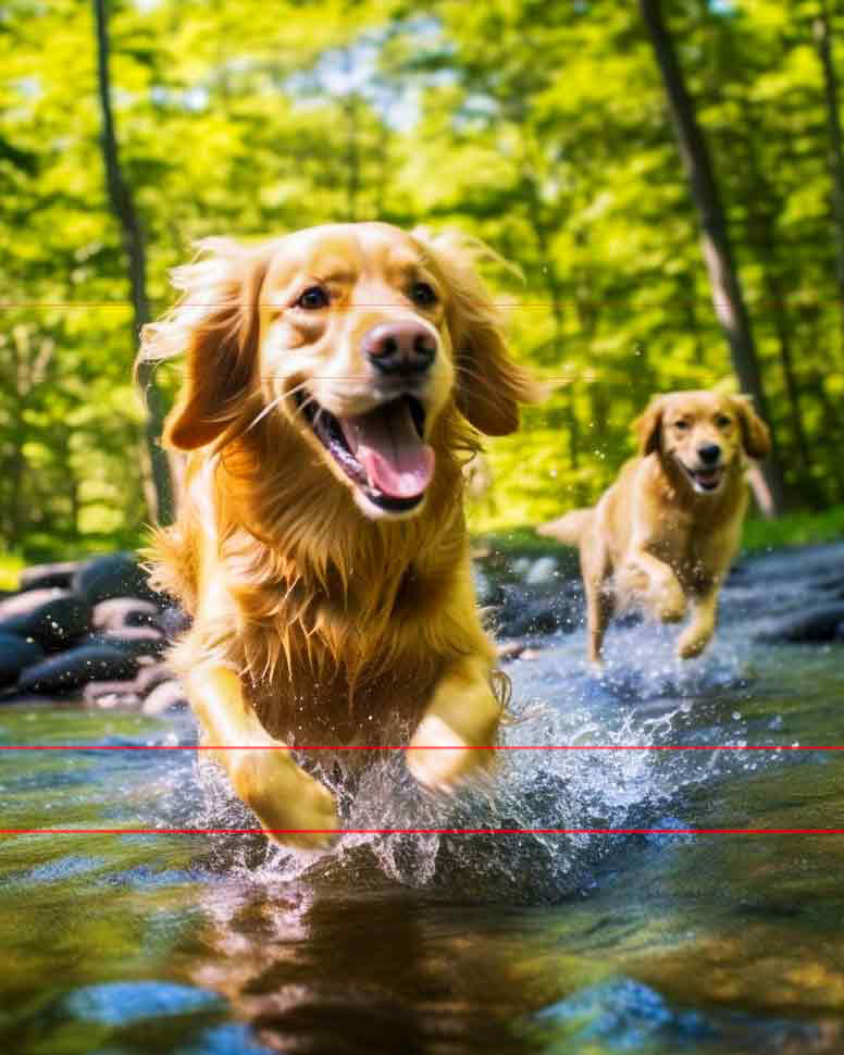 Two happy golden retrievers are playing in a shallow stream. The dog in the foreground is leaping through the water with its tongue out and ears flapping, while the second dog follows behind. This picture captures a lush, green forest with sunlight filtering through the trees in the background.