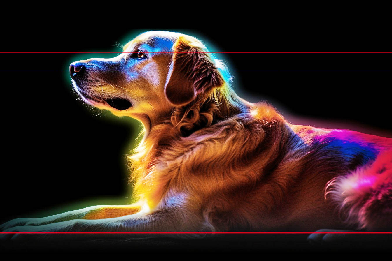 A golden retriever lies on the ground with a glowing, colorful aura surrounding it against a black background. The dog is looking to the left, and the vibrant colors, including shades of blue, pink, and green, highlight its fur in this surreal picture, creating a luminous effect.