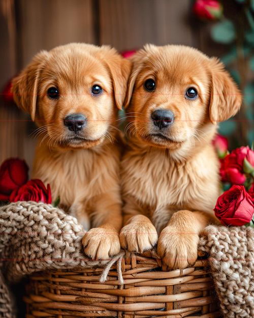 Two adorable golden retriever puppies rest their paws on a woven basket adorned with a cozy knitted blanket and surrounded by red roses. This picture captures the puppies, with their soft golden fur and soulful eyes, sitting closely together, creating an endearing and heartwarming scene.