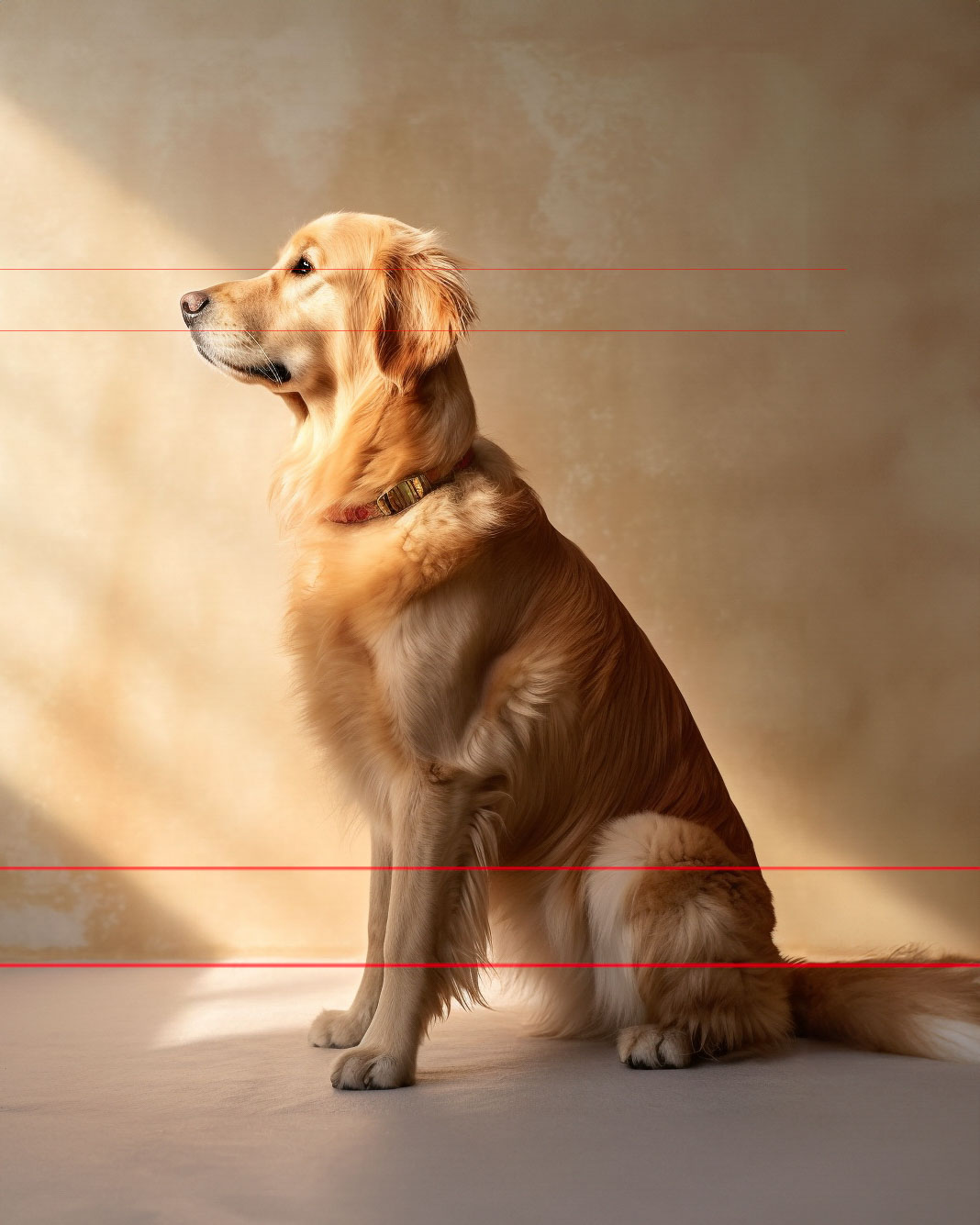 A golden retriever sits calmly on the floor in a warmly lit room. Its golden fur illuminated by a soft beam of sunlight coming from the left side of the picture. The background is a muted, earthy-toned wall, creating a serene and cozy atmosphere.