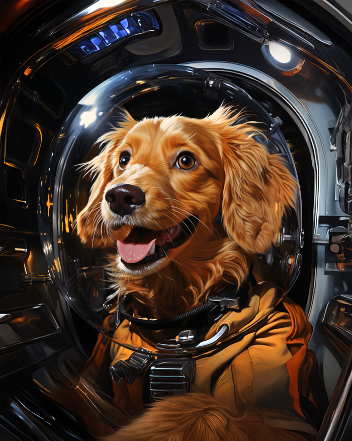 A Cheerful Golden Retriever in a Space Suit Explores the Cosmos in a Colorful Imaginative Journey Through the Universe. Generative AI