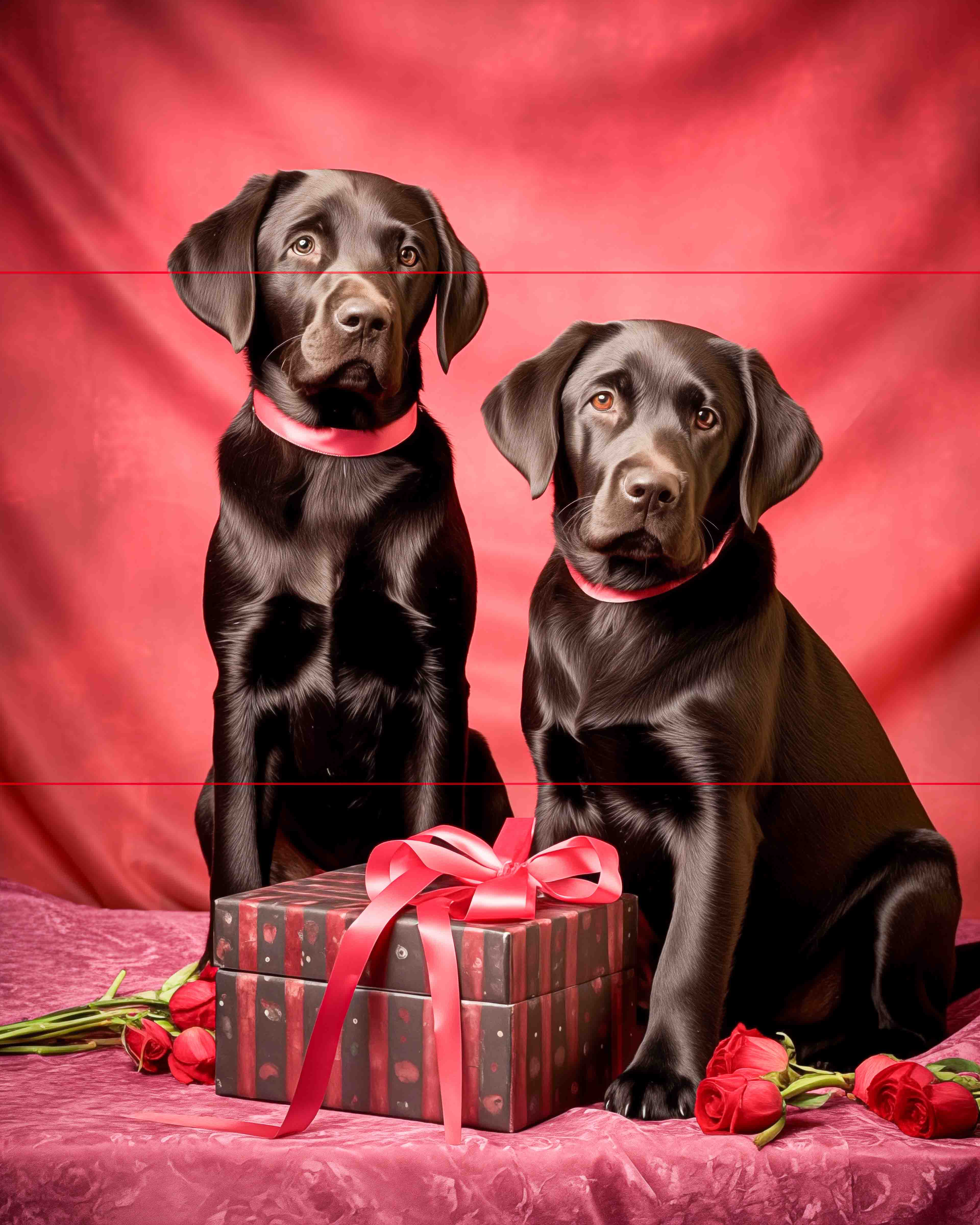 2 chocolate brown Labrador Retrievers guard a giftwrapped box with pink bow and red roses strewn about, against a rose colored drape