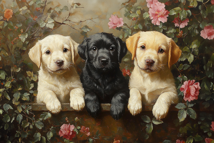 In this picture, 3 Labrador Retriever puppies sit side by side on an English Garden wall with wild flowers. Three classic Lab colored dogs are shown, tan, black & white. Their playful expressions radiate warmth and companionship.