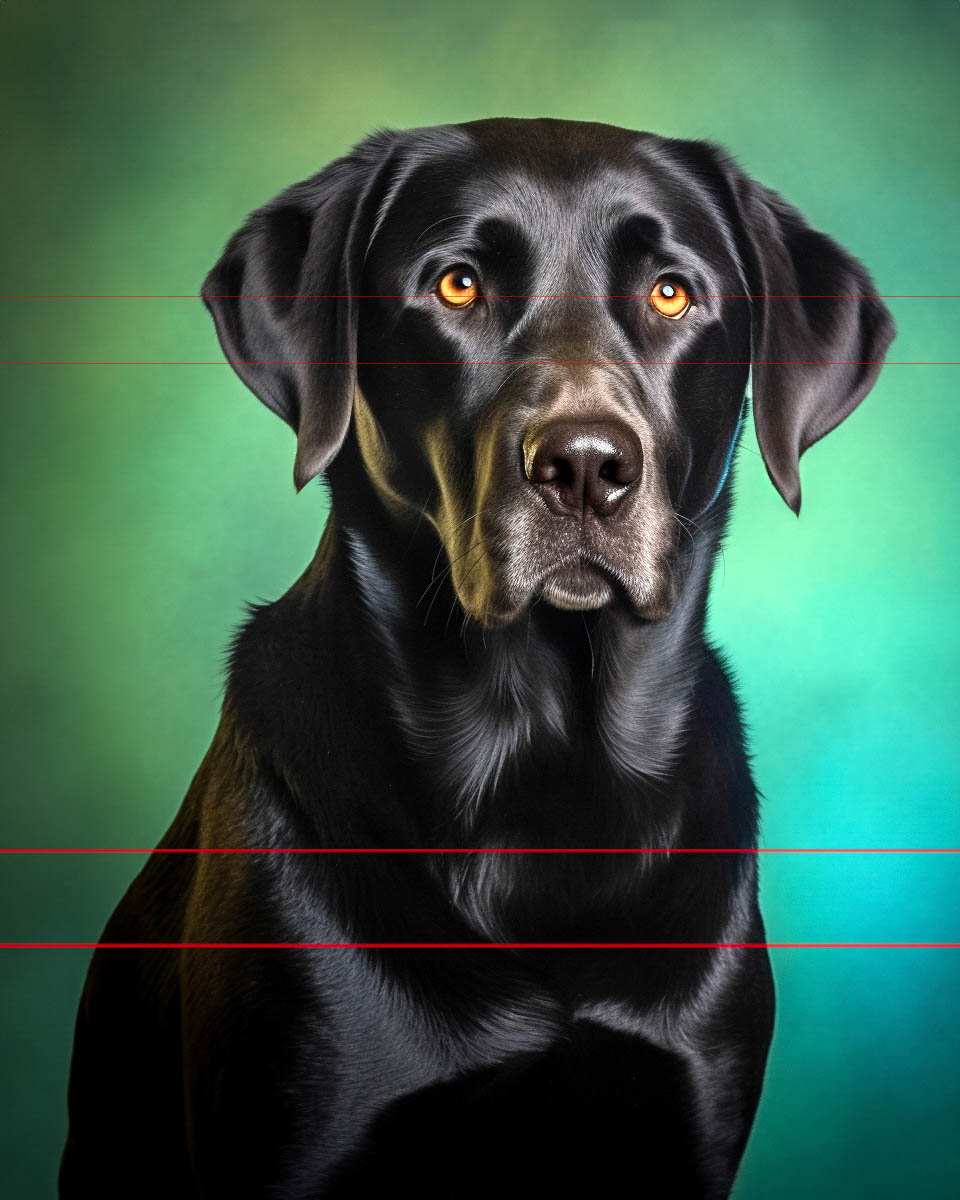 A black Labrador Retriever with glossy fur and soulful amber eyes sits against a gradient green background. The dog’s ears are down, as it looks directly at the viewer in this stately portrait picture.