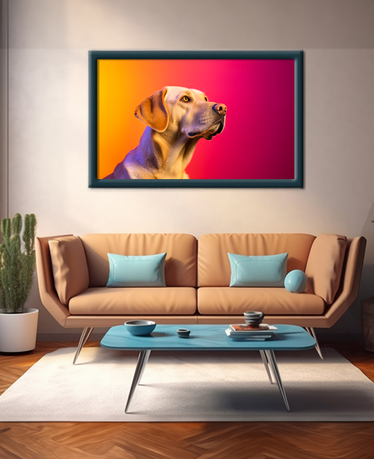 A cozy living room features a beige sofa with turquoise pillows, a teal coffee table with a bowl and book, and two potted plants. Reflecting a vibrant mid-century modern lifestyle, large framed artwork of a Labrador Retriever against an orange and pink gradient background hangs on the wall above the sofa.