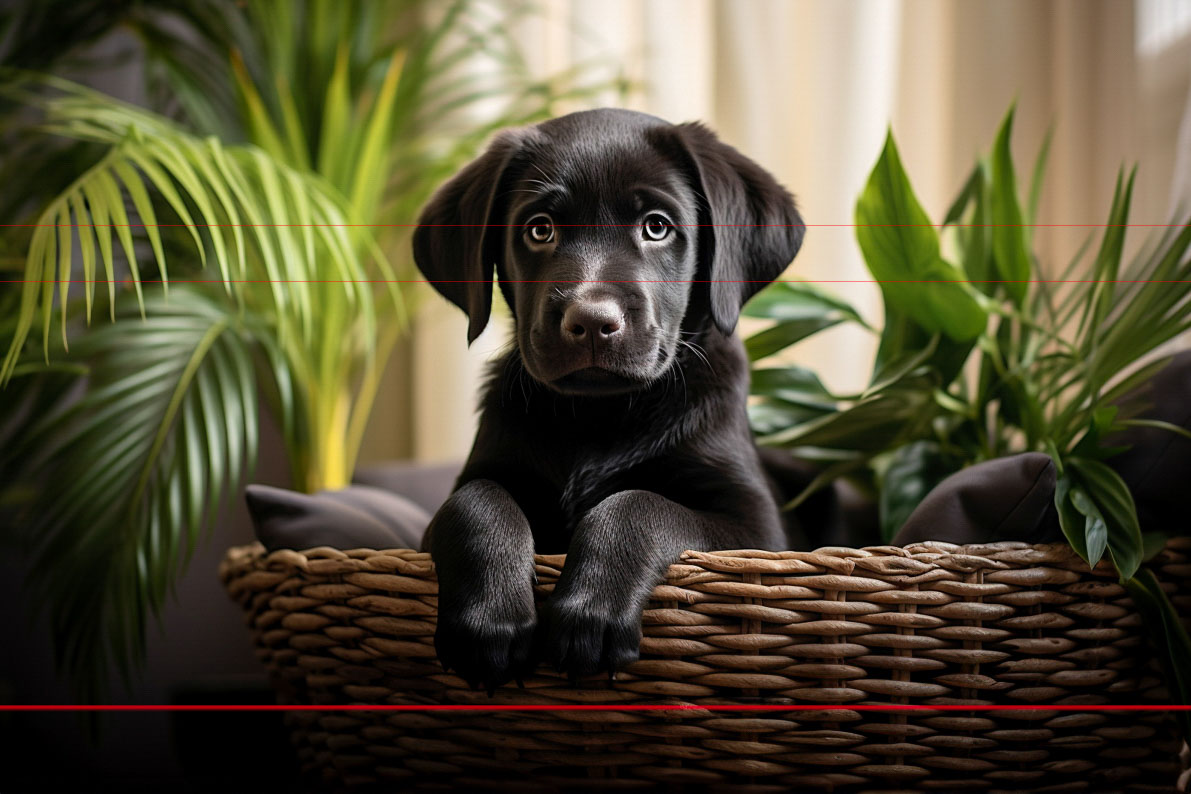 A picture of a black Labrador Retriever puppy sitting in a wicker basket with its front paws draped over the edge. The background features lush green houseplants and softly lit curtains. The puppy looks directly at the camera with a curious and gentle expression.