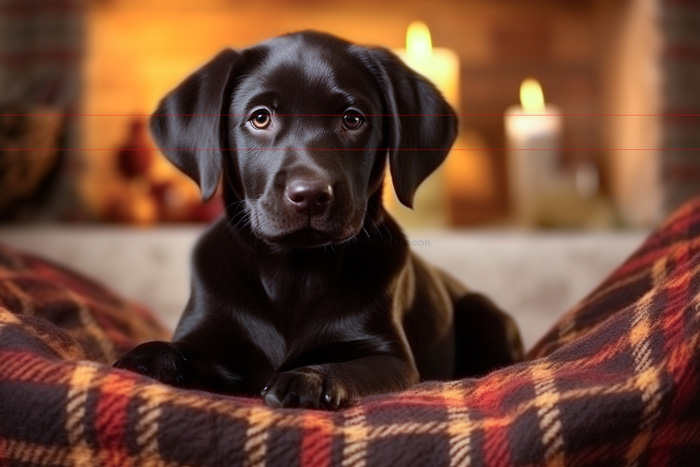 A black Labrador Retriever puppy lays on a tartan blanket with a cozy fireplace in the background. The scene is warmly lit with blurred candles. The puppy looks directly into the camera, with a soft and curious expression in this charming picture.