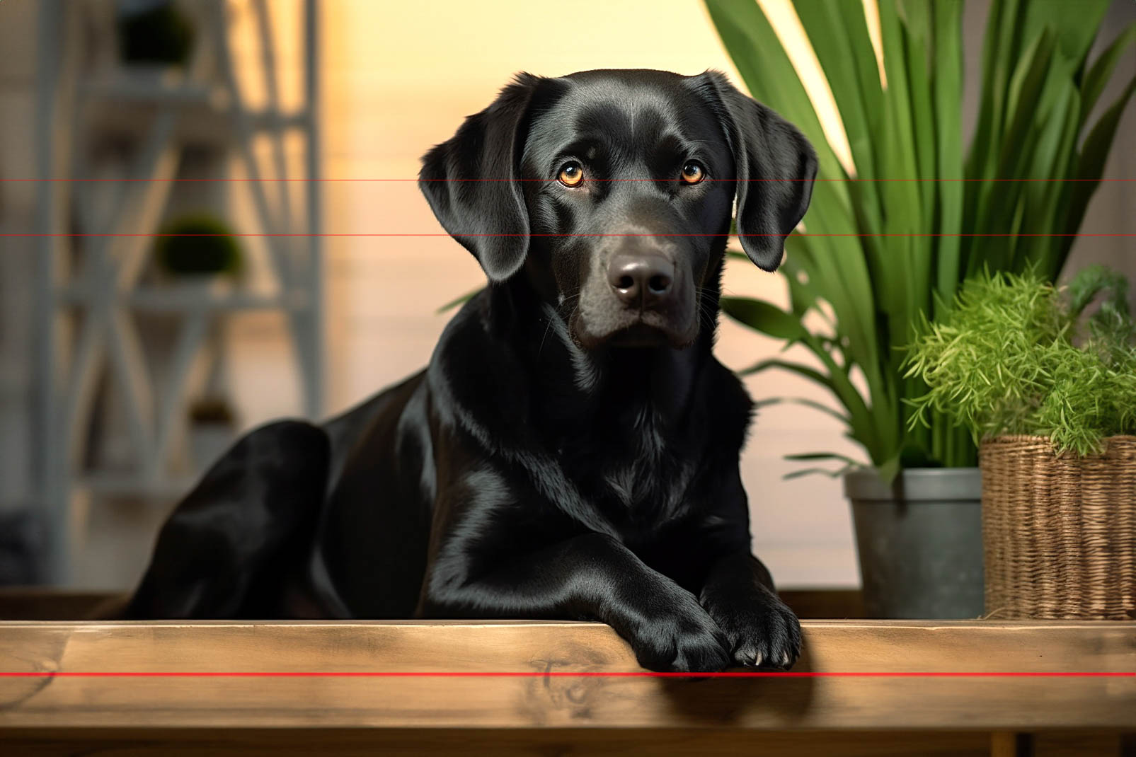 A black Labrador Retriever lies on a wooden surface indoors. The dog looks directly at the camera with alert eyes. Behind it, there are potted green plants and a blurred, warmly lit background creating a serene picture.