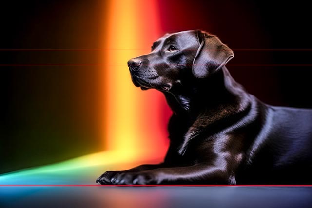 A sleek black Labrador Retriever lies on a smooth surface, illuminated by a vibrant rainbow light spectrum. The colorful light creates a striking contrast against the dog's glossy coat, highlighting its relaxed and attentive pose in the picture against a dark background.