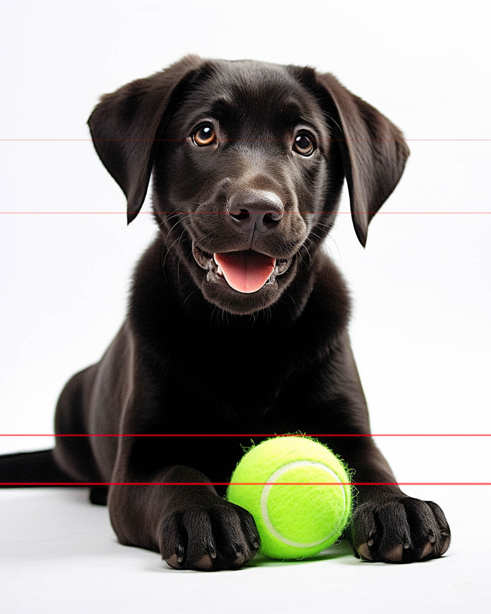 A black Labrador puppy with a happy expression and open mouth sits against a plain white background. The puppy's front paws rest on a neon green tennis ball. The playful and curious demeanor of the puppy is highlighted by its bright, attentive eyes.