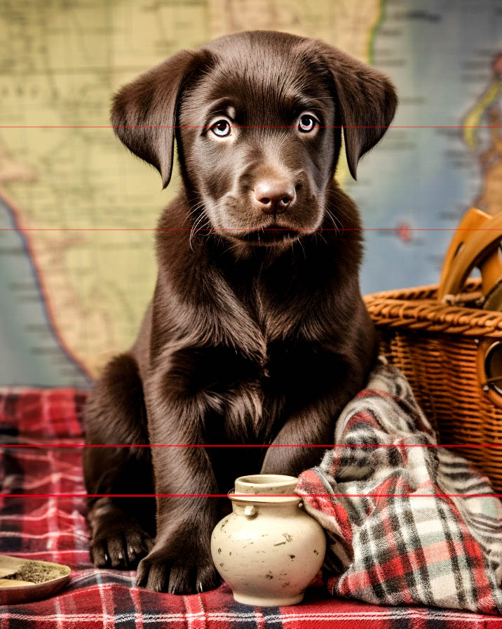 A chocolate Labrador Retriever lies on a wooden floor indoors. The dog is looking directly at the camera with a calm expression. Surrounding the dog are potted plants, including tall green grasses and ferns, adding a natural, cozy atmosphere to the picture.