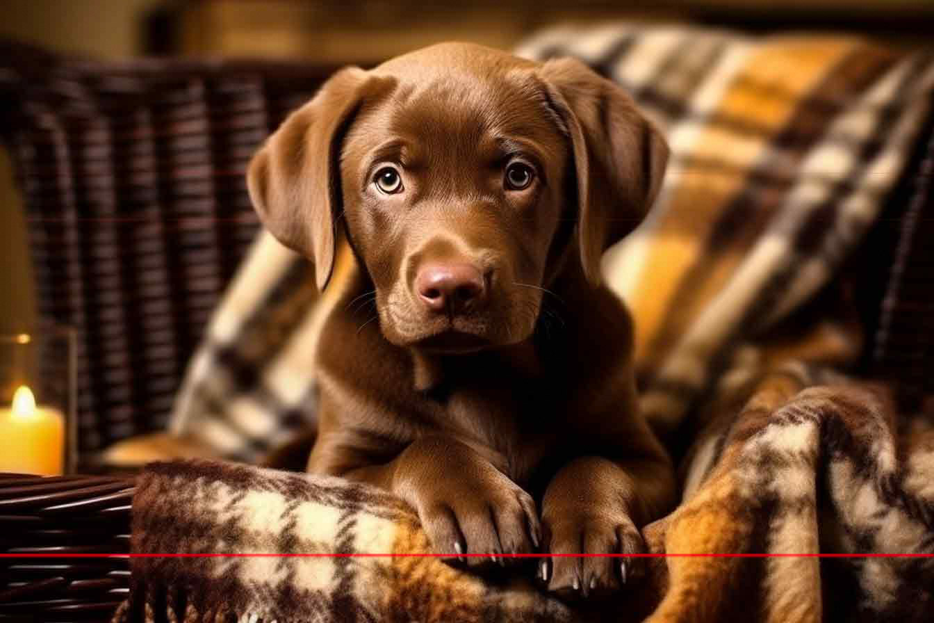 A chocolate Labrador Retriever puppy lies on a tartan plaid blanket atop a brown, wicker chair. The puppy gazes into the camera, its paws resting on the blanket. A lit candle illuminates further enhancing the warm and inviting atmosphere of this picture.