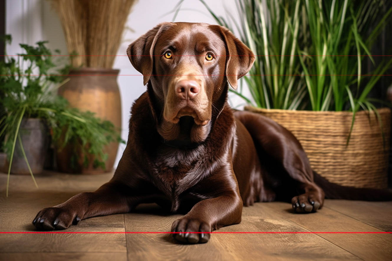 A chocolate Labrador Retriever lies on a wooden floor, looking directly at the camera with a calm expression. Surrounding the dog are potted plants adding a natural, cozy atmosphere to the picture.
